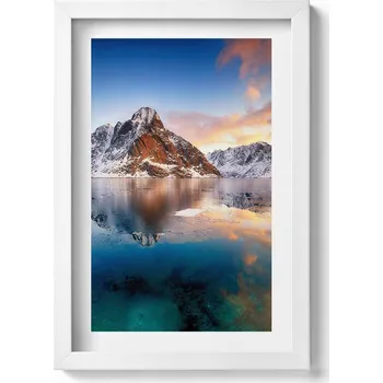 Obraz Obraz na zeď v bílém rámu Krásná krajina vody a hor večer 20x30 cm