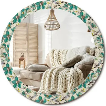 Zrcadlo Kulaté nástěnné dekorativní zrcadlo ve skleněném rámu Květiny a ptáci průměr 80 cm