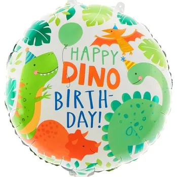 Balónek Fóliový balónek kulatý narozeninový bílý Happy DINObirthday Dinosauři 45 cm