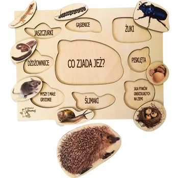 Dřevěná hračka Co jí ježek, dřevěná skládačka o ježkovi, potrava ježka, pohyblivé prvky