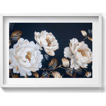 Obraz Obraz grafika v bílém rámu Krásné bílé květy ve stylu glamour 70x50 cm