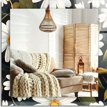 Zrcadlo Čtvercové dekorativní zrcadlo s bílými sedmikráskami a listy, 60x60 cm, s možností zavěšení vertikálně i horizontálně