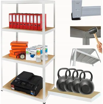 Dílenský regál Kovový regál do skladu, garáže, stojan HELIOS 180x75x35 cm, 4 police x 400 kg, BÍLÝ