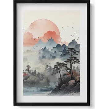 Obraz Moderní nástěnná dekorace Horská krajina lesa v japonském stylu 50x70 cm