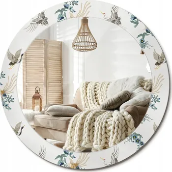 Zrcadlo Kulaté nástěnné dekorativní zrcadlo ve skleněném rámu průměr 70 cm Čínští ptáci