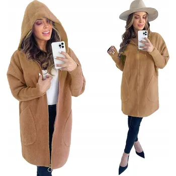 Dámský kabát Kabát Soprato béžový oversize s kapucí vlněný do půlky stehen na zip