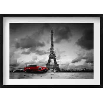 Obraz Obraz na zeď v černém rámu Eiffelova věž a červené auto 70x50 cm