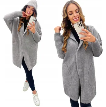 Soprato dámský kabát šedý oversize s kapucí alpaka s kapucí 990 dlouhý přechodný kabát univerzální velikost