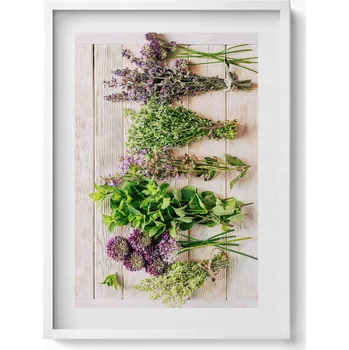 Obraz Ozdobný nástěnný obraz v rámu do obýváku Rostliny a bylinky na prknech 50x70 cm