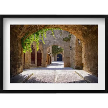 Obraz Obraz v černém rámu na zeď Středověká ulice Rhodos Řecko 70x50 cm