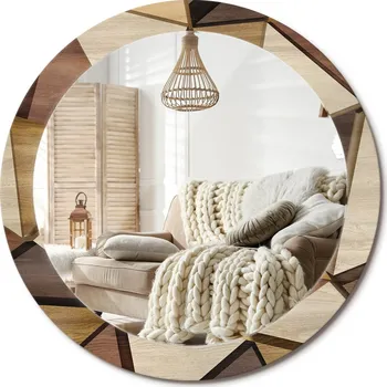 Zrcadlo Nástěnné zrcadlo s ozdobnou grafikou na skle, průměr 80 cm, Geometrické dřevo 3D