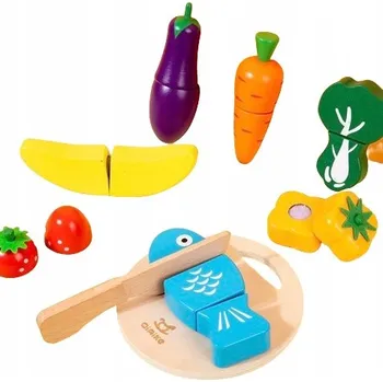 Dřevěná hračka Dřevěná sada Zeleniny a ovoce Na Suchý Zip na krájení + prkénko Nůž XXL 13 ks