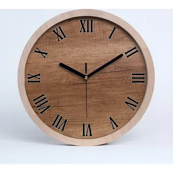 Hodiny Tichá nástěnná dřevěná hodina s dřevěným pozadím, průměr 30 cm
