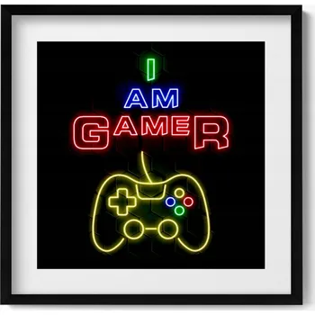 Obraz Obraz grafika v černém rámu Neonový nápis pro hráče I am gamer 50x50 cm