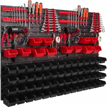 Obraz Dílenská nástěnná tabule na nářadí 115x78 cm, stěna s 68 boxy, háky a držáky na klíče