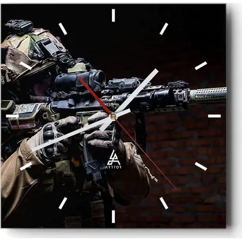 Hodiny Velké nástěnné hodiny na zeď 40x40 Militaria Skleněné hodiny Tiché