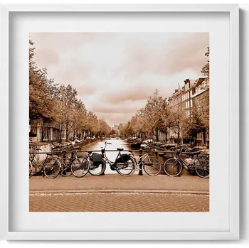 Obraz Nástěnný obraz v bílém rámu s grafikou Pohled na Amsterdam s koly 50x50 cm