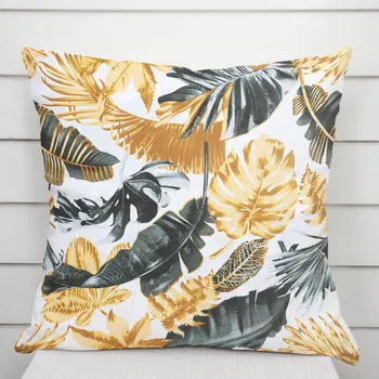 Povlak na dekorativní polštářek Bavlněný povlak na polštář Sandra SA-388 Šedozelené a zlaté tropické listy na bílém 60 x 60 cm