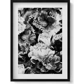 Obraz Ozdobný nástěnný obraz v černém rámu Černobílé květiny pivoňky 50x70 cm