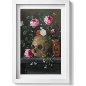 Obraz Dekorativní nástěnný obraz do obýváku, kuchyně: Lebka mezi květinami, 20x30 cm