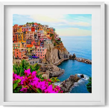 Obraz Závěsný obraz v bílém rámu Květiny a pobřeží Cinque Terre Itálie 50x50 cm
