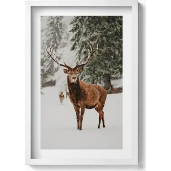 Obraz Dekorativní obraz v bílém rámu do obýváku Jelen v zimním lese 40x60 cm