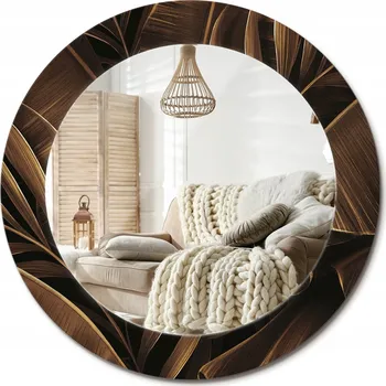 Zrcadlo Nástěnné zrcadlo zdobené grafikou na skle Hnědé listy banánovníku průměr 60 cm