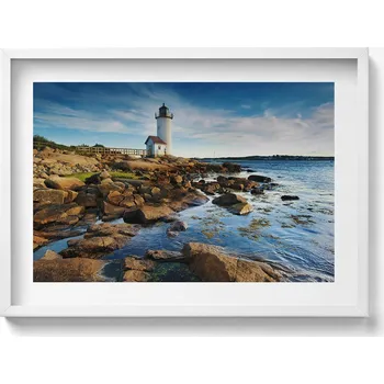 Obraz Stylový obraz v bílém rámu Maják, skály a krajina nebe 70x50 cm