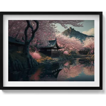 Obraz Závěsný obraz rámeček černé barvy Krásná asijská višňový květ v květu 80x60 cm