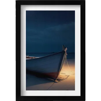 Obraz Dekorativní nástěnný obraz v rámu do obýváku Loďka na břehu pláže v noci 20x30 cm