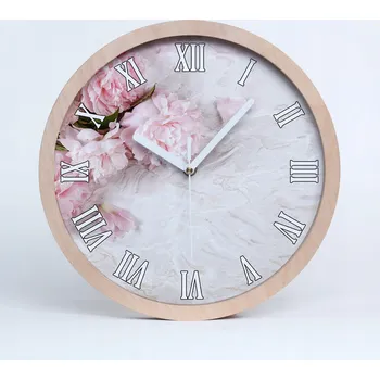 Hodiny Dřevěné nástěnné hodiny s římskými číslicemi pivoňky průměr 25 cm