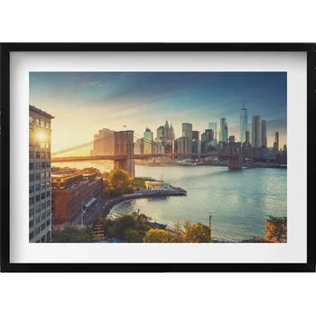 Obraz Obraz grafika v černém rámu New York Manhattan Brooklynský most 70x50 cm