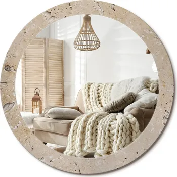 Zrcadlo Prémiové Zrcadlo s dekorativním skleněným rámem s potiskem Imitace kamene, průměr 80 cm.