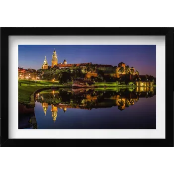 Obraz Dekorativní nástěnný obraz v černém rámu s grafikou Wawelu v noci a řeky Visly, 30x20 cm