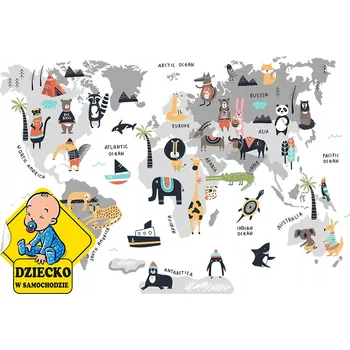 Obraz Nálepky na zeď MAPA SVĚTA s KONTINENTY a ZVÍŘATY