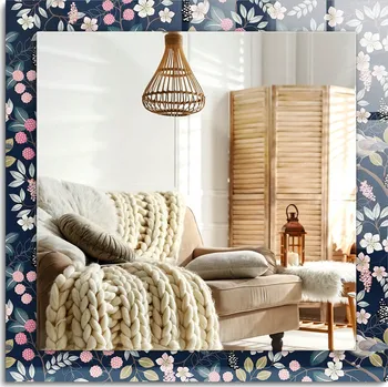 Zrcadlo Zrcadlo s potiskem na zeď, dekorativní, svislé/vodorovné, Květiny listy ptáci, 60x60 cm