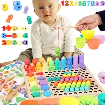 Dřevěná hračka Montessori TRÉNINK MOZKU Trénink RYBIČKY číslice