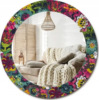 Zrcadlo Kulaté nástěnné dekorativní zrcadlo ve skleněném rámu Malované květiny průměr 60cm