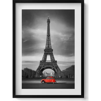 Obraz Moderní nástěnná dekorace Červené auto na pozadí Eiffelovy věže 50x70 cm