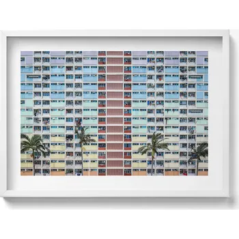 Obraz Nástěnný obraz v bílém rámu s grafikou Barevná budova Hong Kong 70x50 cm