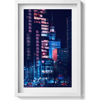 Obraz Nástěnný dekorativní obraz v bílém rámu s grafikou Varšava v noci 40x60 cm