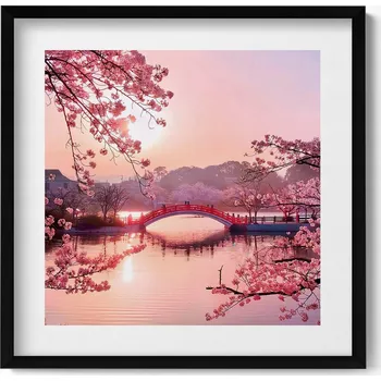 Obraz Závěsný obraz v černém rámu Květy třešní a most - japonský styl 50x50 cm