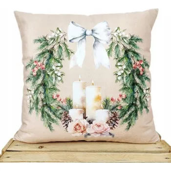 Vánoční dekorace Dekorační povlak na polštář VÁNOČNÍ VĚNEC 40x40 Velvet svíčky mašle ozdobná