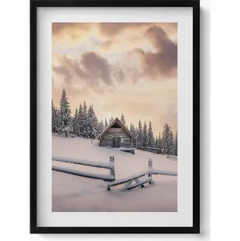 Obraz Nástěnný obraz v rámu Zimní krajina s horskou chatou při západu slunce 50x70 cm