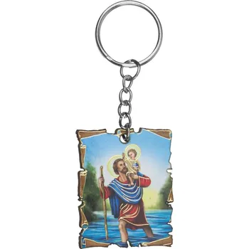 PŘÍVĚSEK NA KLÍČE dřevěná s vyobrazením Svatého Kryštofa.