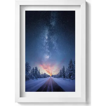 Obraz Obraz na zeď bílý rám Krajina - zimní cesta a hvězdná obloha 20x30 cm