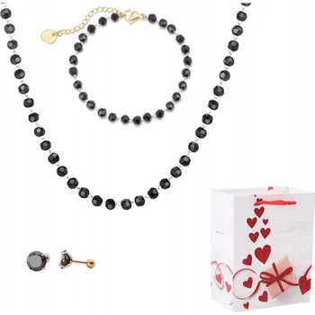 Řetízek Dámská sada řetízků ze žlutého zlata s černými Korálky chirurgická Ocel 316L