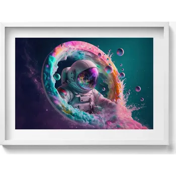 Obraz Dekorativní obraz v bílém rámu do obýváku Kosmonaut barevné oblaky 70x50 cm