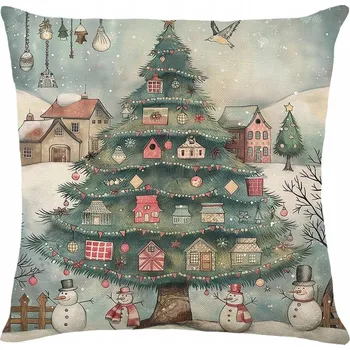 Povlak na polštářek Dekorační povlak na polštář Vánoční Stromeček Domky 4 Sněhuláci 45x45