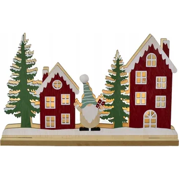 Obraz Dřevěné domečky se skřítkem s LED osvětlením 17,5x28 cm